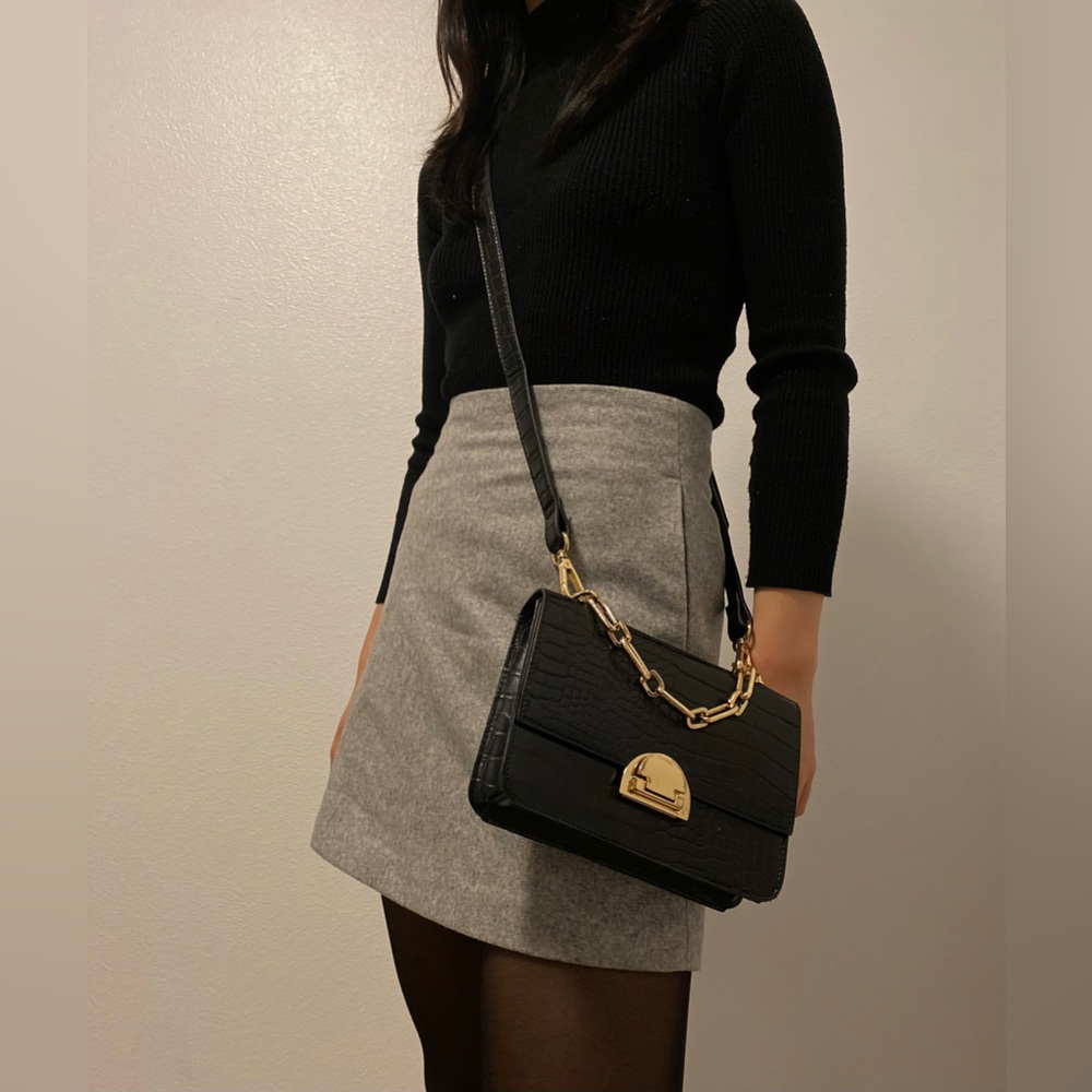 FROM KOREA: black crocodile skin gold chain crossbody purse